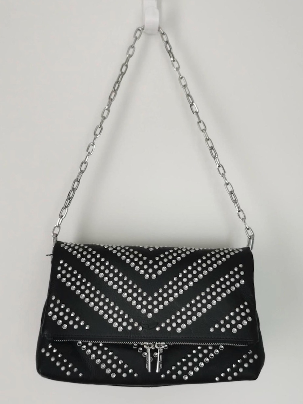 Zadig & Voltaire Black Studded Leather Shoulder Bag with Silver Chain